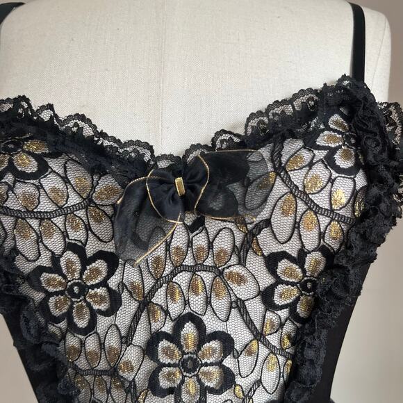 90s Vintage Dark Fairy Lace Black & Gold Bodysuit With Sheer Flouncy Tutu Size M - Picture 3 of 8